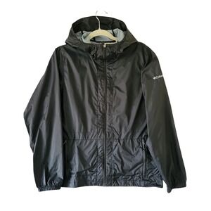 Columbia Windbreaker Jacket Women Medium Black Hood Rain Zip Pockets Lightweight